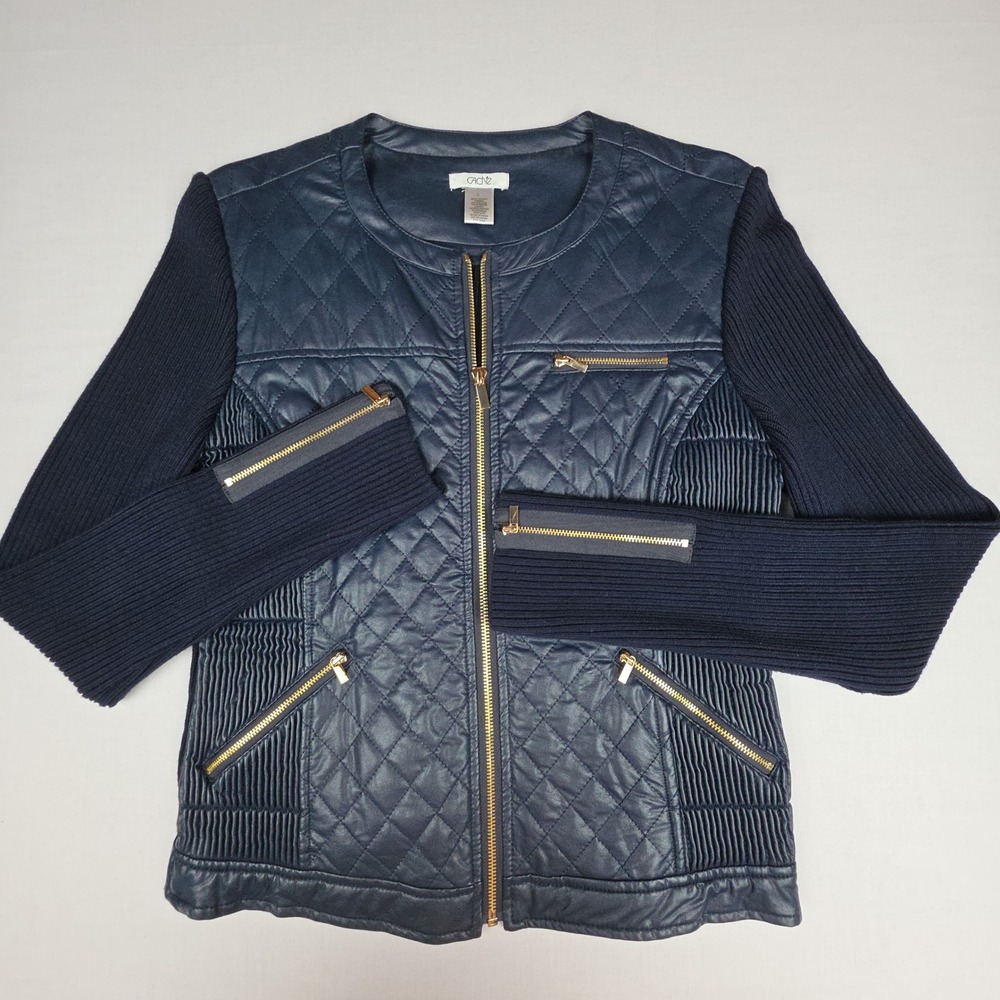 Cache Quilted Faux Leather Knit Sleeve Jacket Womens Large Navy Blue Moto PU